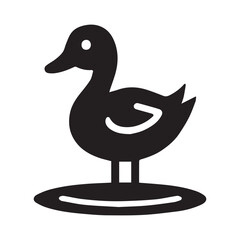 A cute duck icon silhouette in a vector style. The duck is standing on a lily pad. The background is white.