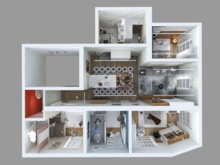 vista de pájaro de planos de casa moderna en 3d 