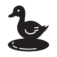 A cute duck icon silhouette in a vector style. The duck is standing on a lily pad. The background is white.