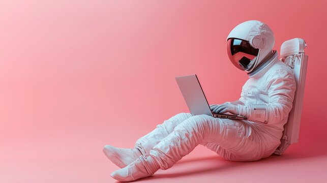 An astronaut wearing a spacesuit is typing on a laptop computer