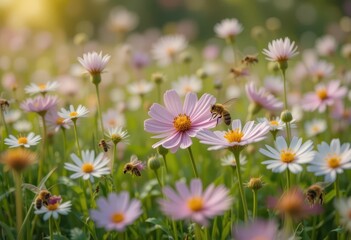 Fototapeta premium Bees Collecting Nectar from Vibrant Pink and White Flowers in Field