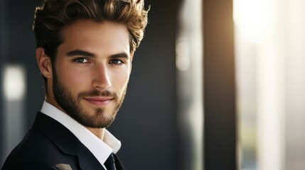 Fototapeta premium Young businessman exuding confidence in formal attire, embodying professionalism and determination. 