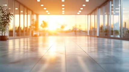 A modern office interior space with large windows and sunlight