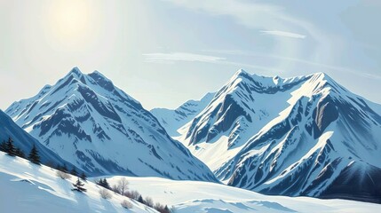 Obraz premium Capture the serene and majestic beauty of a snow-capped mountain landscape, with towering peaks glistening under a soft winter sun.
