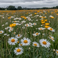 Obraz premium Colorful daisy meadow under cloudy sky