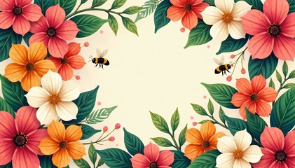 Vibrant floral design with buzzing bees on seamless background, colorful, floral, nature