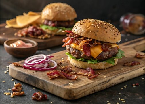 A juicy gourmet burger with melted cheese and fresh toppings on a rustic wooden cutting board amidst scattered ingredients against a dark textured surface - Powered by Adobe