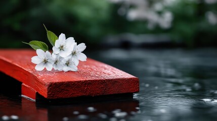 Tranquil Japanese garden featuring a red bridge over a koi pond with cherry blossoms in full bloom