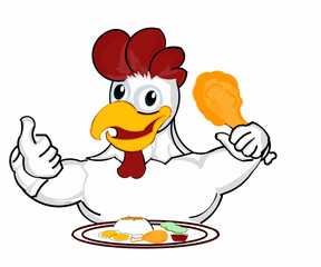 icon A rooster with a well-built body and muscular arms carries a large, crispy fried chicken thigh with a plate of kentucky menu complete with egg rice super spicy chili sauce and cucumber salad.