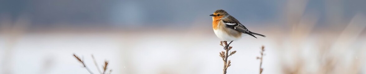 Fototapeta premium Snow bunting perched on top of common reed with snow-covered background, nature, feathered, cold