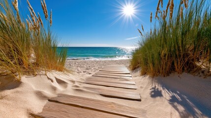 Scenic beachside boardwalk with wooden planks leading to the ocean under a clear blue sky and shining sun