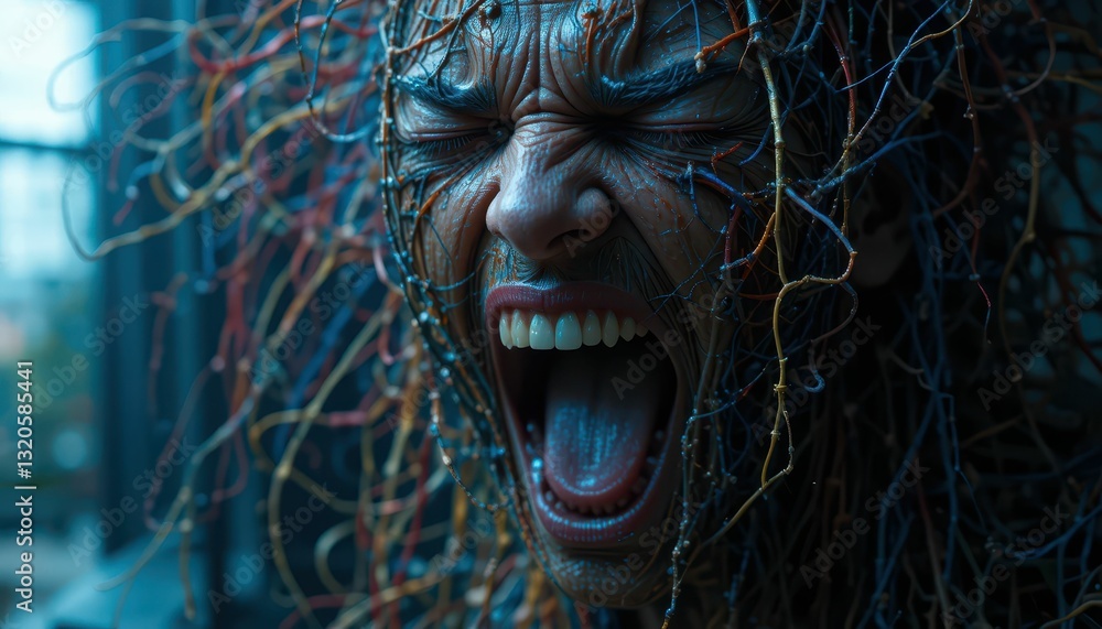 Aufkleber intense expression of anger with complex colorful thread background