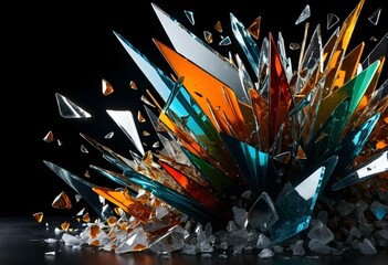 Vibrant burst of colorful shattered glass shards exploding outwards. Abstract design with sharp fragments. Powerful breaking crystals destruction.
