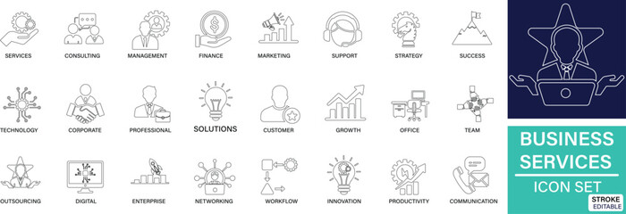 Business Services icon set business, services, consulting, management, finance, marketing, support You can easily change the color.