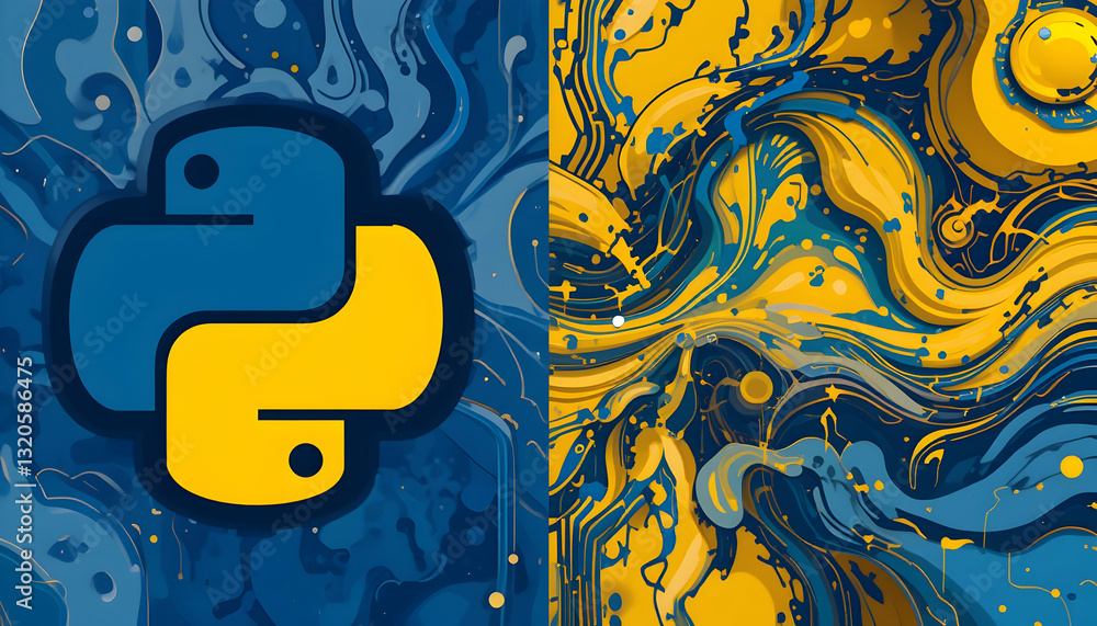 Poster abstract art with interlocking shapes and swirling patterns in blue and gold
