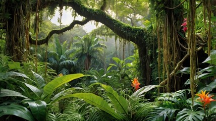 Fototapeta premium A dense and vibrant jungle scene featuring ancient trees, hanging vines, and rich green foliage.