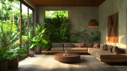 Fototapeta premium 11. **A green-themed living room with indoor plants, wooden furniture, and natural light**