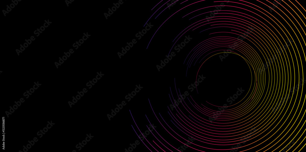 Poster Abstract gradient geometric lines on dark background. Swirl circular lines pattern. Geometric spiral. Template Space for Text. Abstract Minimalist Wallpaper with Copy Space on Black Background, vector