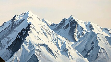 Capture the serene and majestic beauty of a snow-capped mountain landscape, with towering peaks glistening under a soft winter sun. © Iqbal