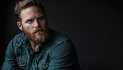 Obraz premium Portrait of a Pensive Redhead Man with Freckles Wearing a Denim Shirt