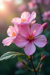Soft pink blooms with dew drops reflecting the sky, pink, seasonal, spring