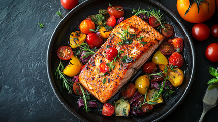 Delicious salmon fillet with colorful vegetables and herbs