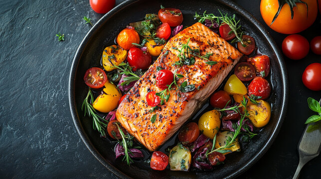 Delicious salmon fillet with colorful vegetables and herbs