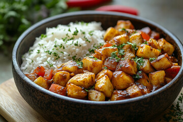 Delicious vegetable curry with rice and herbs