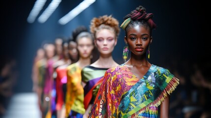 Vibrant Fashion Show with Diverse Models in Colorful Attire on Runway