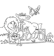 Cute cartoon hand drawn vector zoo animals at the entrance sign coloring .