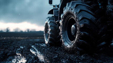 Tractor Tires in Mud Agricultural Machinery on Field.