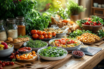 Obraz premium Fresh vegetables and salads on wooden table, vibrant colors