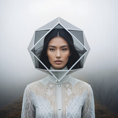 Mind bending geometry framing surrealistic portraits ethereal fog adding mystery