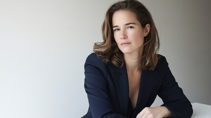 Young female executive exudes confidence in a navy blazer, seated at a modern desk, embodying professionalism and leadership.
