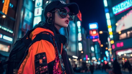 Stylish Young Woman in Urban Setting with Neon Lights and Fashionable Outfit