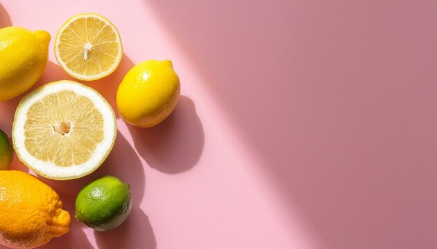 fruits frais de la mediterranee agrumes disposes sur fond rose avec cedrat citron vert citron jaune bergamote demi citron coupe et quartier de citron lumiere solaire