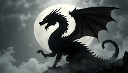 Dragon Silhouette Perched Against a Full Moon with Cloudy Sky