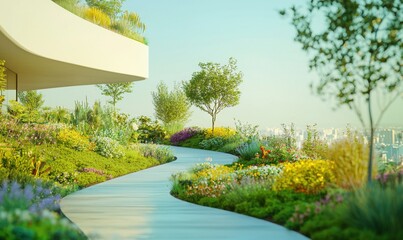 Obraz premium Aerial views of a vibrant garden path rooftop oasis in urban nature