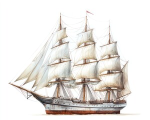 Sailing ship ocean voyage white background nautical illustration