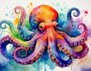 vibrant rainbow octopus watercolor painting ocean life marine animal illustration colorful