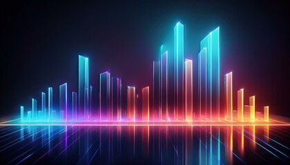 Fototapeta premium neon glowing bar graph rising on a dark reflective surface suggesting growth and progress in technology or business