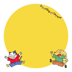 Obraz premium ジャンプするイヌとネコ コピースペース(イエロー)