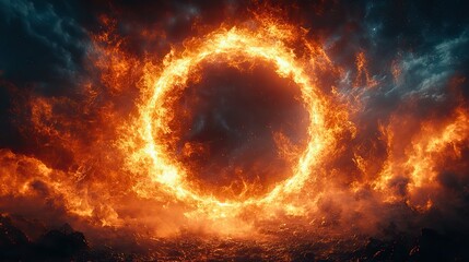 Fototapeta premium Bright flames, forming a perfect circle, burn brightly against a dark background, radiating cosmic energy and power.