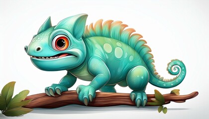 cute cartoon chameleon character in turquoise green pastel color colorful animal with a large smile and twisted tail isolated on white background