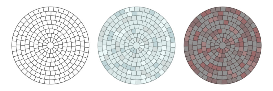 Paved circle pattern tile. Circular brick mosaic. Round radial stone pavement. Paving tile simple floor texture. Red stones. Vector illustration isolated on white background.