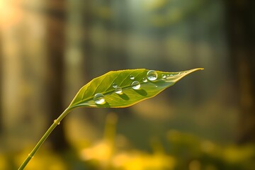 Close-up of a green leaf with dew drops, glistening in sunlight. Soft, blurred background with warm tones, conveying freshness and tranquility