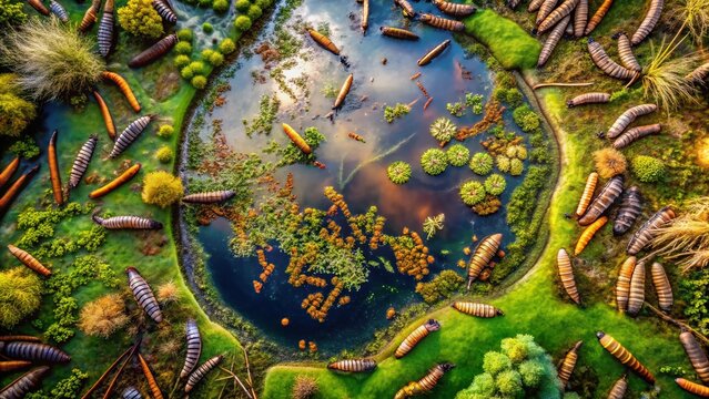 Aerial Drone Shot:  Diving Beetle Larvae in Ephemeral Pond