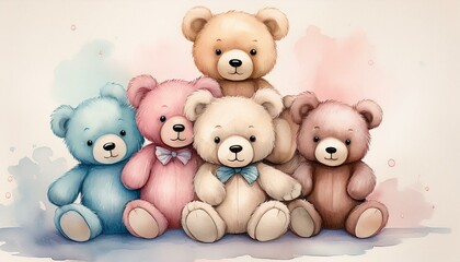Obraz premium adorable watercolor illustration of six pastel teddy bears stacked together