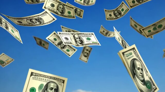 Money Raining from the Sky in Slow Motion: Cash Symbolizing Wealth and Success