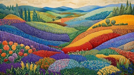 Patchwork farmland with various crops in full bloom, forming a stunning contrast of colors and textures in a serene rural setting.